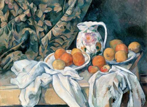 Painting Still Life with Curtain and Vase of Flowers - Paul Cézanne